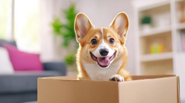 A cheerful corgi dog peeks out from a cardboard box, showcasing a vibrant indoor setting with green plants and soft furnishings.