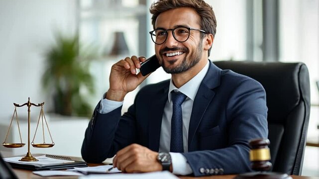 Lawyer on phone in office, discussing case, business, background of law scales, gavel, legal documents