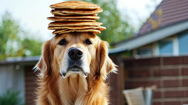 A cheerful golden retriever proudly balances a stack of pancakes on its head in a sunny backyard. This playful moment showcases the dog's patience and playful spirit in a delightful manner