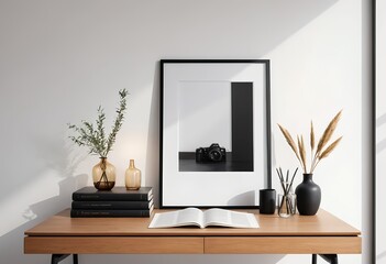 Minimalist Home Office Desk Setup with Books, Plants, and Camera