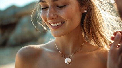 A woman surprising her partner with a seashell necklace.