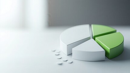 3D Pie Chart with Green and White Segments on a Clean Background