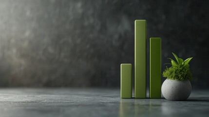 Green Bar Graph with Plant on Dark Concrete Background