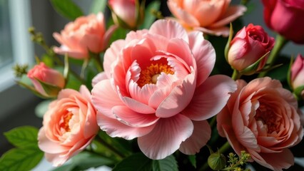 Obraz premium A delicate bouquet of coral and peach roses, showcasing the intricate details of each bloom, bathed in soft sunlight near a window