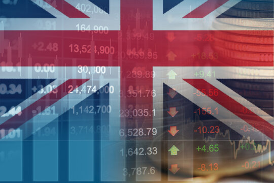 UK United Kingdom flag with stock market finance, economy trend graph digital technology.