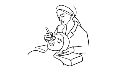 Girl cosmetologist doing a procedure to a client, continious line drawing. Care procedures, cosmetics, beauty salon outline. Vector illustration