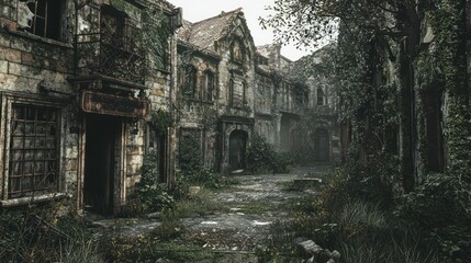 An eerie, abandoned old downtown with overgrown streets and broken windows.