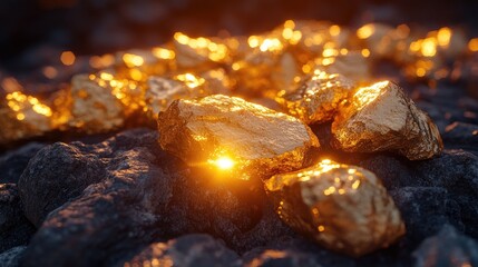 Golden Nuggets Resting on a Dark and Rough Rocky Surface