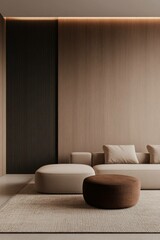 Fototapeta premium Modern living room interior with neutral colors and minimalist furniture, featuring a stylish couch and round ottoman, perfect for contemporary decor