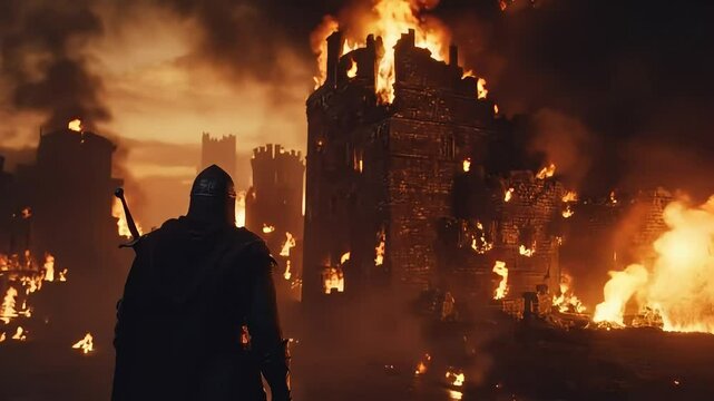 Knight walking toward a burning castle at night, determined and resolute under the dark sky
