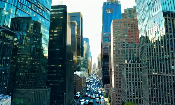 Various kinds of buildings in the district of New York. Busy streets with many cars going along. Aerial perspective. Vertical video