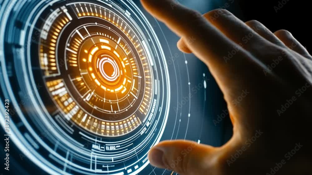 Poster futuristic hand interacting with digital interface displaying geometric patterns and innovative tech