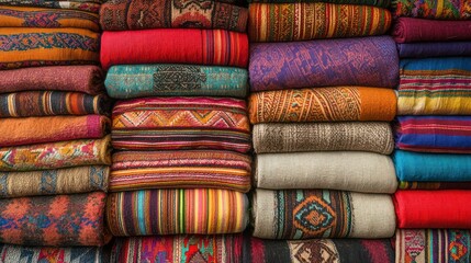 A Peruvian old downtown with Incan-style stone streets and colorful textiles for sale.