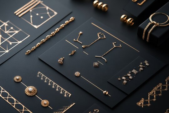 A graphic identity for a luxury jewelry brand with custom patterns and clean lines, - Powered by Adobe