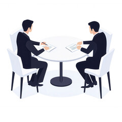 Two business professionals discussing documents at a round table, dressed in formal attire, creating a collaborative atmosphere.
