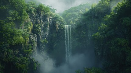 Lush tropical paradise waterfall cascades down mossy rocks shrouded in mist