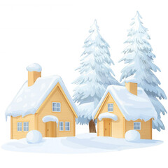 Fototapeta premium Two cozy wooden houses surrounded by snow-covered trees, set in a winter landscape, evoking a warm and inviting atmosphere during the cold season.