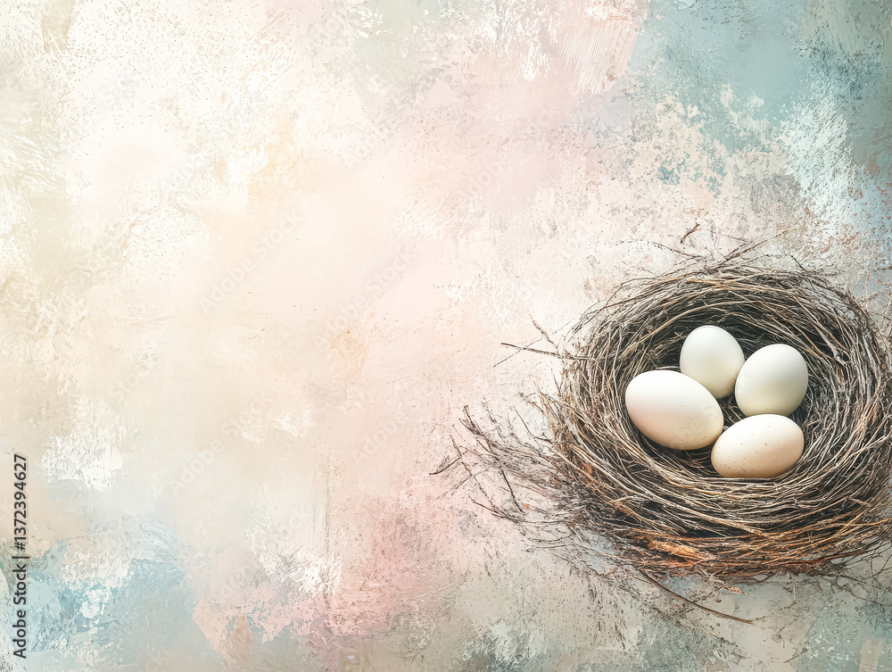 Poster nest of four eggs sits on a branch. the eggs are white and appear to be fragile. the nest is surroun