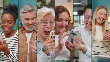 Collage of happy excited people diverse gender, different ages, ethnicity. Joyful men women use mobile smartphone celebrating win victory good message news play lottery application online game jackpot