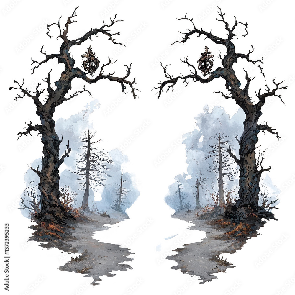Poster two twisted, barren trees frame a misty path, creating an eerie and mystical atmosphere in a forest 