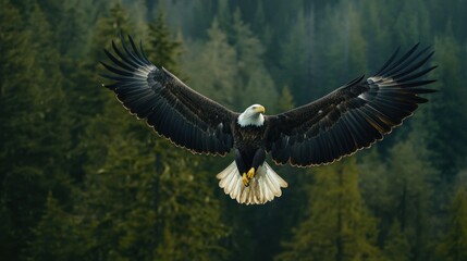 Obraz premium Majestic bald eagle soars powerfully over a lush green forest canopy vista