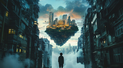 【Generated by AI】Floating Temple-City Above the Modern Skyline