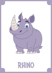 Cartoon-style illustration featuring a friendly, smiling rhinoceros against a dark background with a light purple border.  