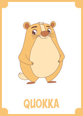 A cute cartoon quokka stands against a black backdrop within an orange frame, smiling with a friendly expression. The design is simple.