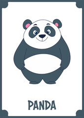 Cartoon panda bear with black and white fur, blue eyes, and a cute smile, set against a dark background in a frame.