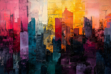 Abstract Oil Painting Depicting Buildings and a Colorful Skyline