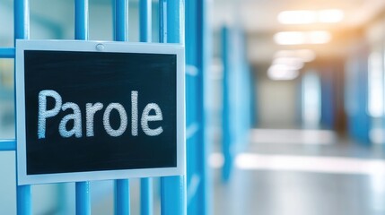 Parole Sign on Blue Prison Bars Corridor Background Image Freedom Justice Second Chances Concept