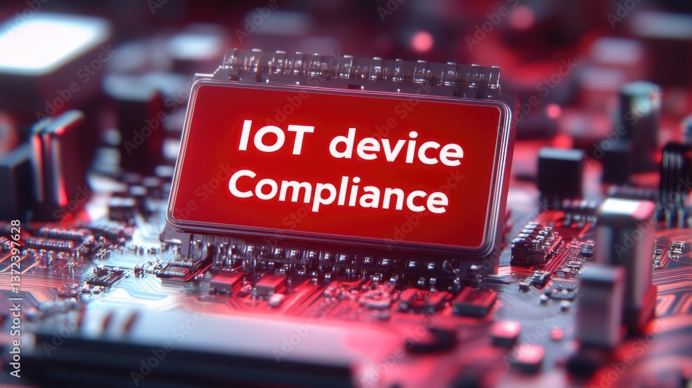 Poster ensuring iot device compliance a close up view of a circuit board displaying critical information