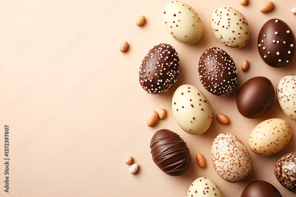 Poster bunch of chocolate eggs with nuts on top. the eggs are of different sizes and colors. concept of ind