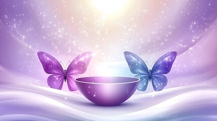 Fototapeta premium Butterflies and a Bowl Floating in a Beautiful Lilac Background