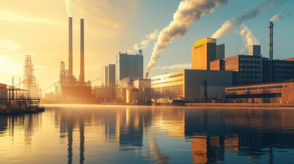 Obraz premium A clean energy waste-to-power plant with large incinerators and filtration systems