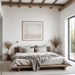 Fototapeta premium Minimalist Bedroom Interior Design with Wooden Beams and Neutral Tones