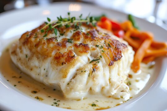 Baked cod in sauce served with carrot and green beans on plate. Perfect for food blog, restaurant menu, or recipe illustration.