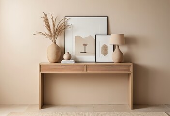 Neutral Beige Home Decor Console Table with Artwork and Lamp