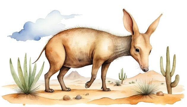Watercolor Macrauchenia in Desert Landscape