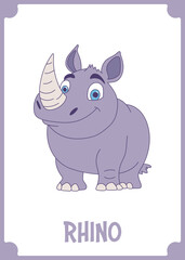Adorable cartoon rhino with big blue eyes and a friendly smile. This illustration of a gentle rhino is both cute and memorable.