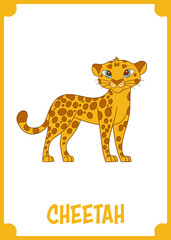 A cartoon cheetah with a tan body and brown spots poses against a black background, presented in a gold frame. The illustration is cute
