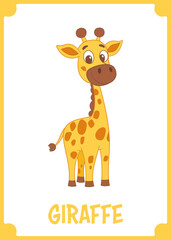 Illustration of an cartoon giraffe with brown spots and a long neck in a yellow frame on a black background with the word giraffe.
