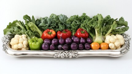 A fine-dining style vegetable tray arranged for an elegant, artistic presentation