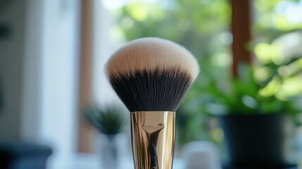 A close-up of an angled contour brush dipped in bronzing powder.