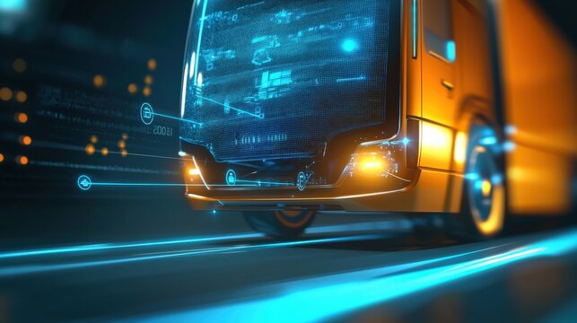 High-tech electric truck revolutionizes urban transport nighttime city streets digital artwork futuristic environment close-up view innovation