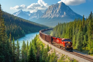 A train travels along the railway tracks in Ontario, Canada, showcasing the scenic landscape.