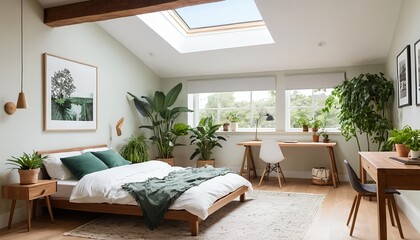 Fototapeta premium Serene Bedroom with Skylight and Lush Greenery