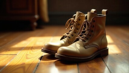 Sunlight Illuminates a Pair of Tan Leather Boots on a Wooden Floor, a Symbol of Rugged Style and Durability
