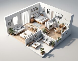 Modern Minimalist Apartment Interior Design, 3D Render
