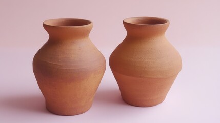 A pair of small pottery vases with rough textures, sitting on a light lavender backdrop